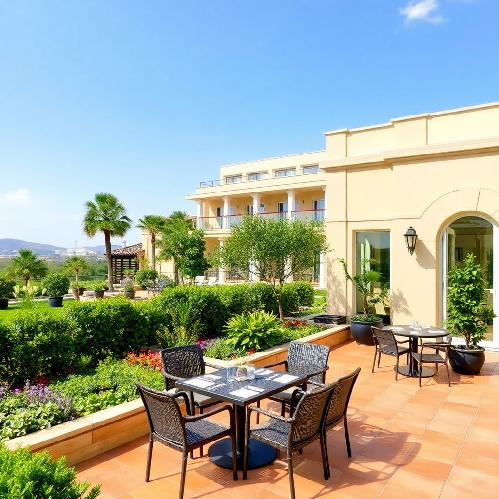 luxury hotel garden terrace, outdoor seating area, landscaped gardens, peaceful environment