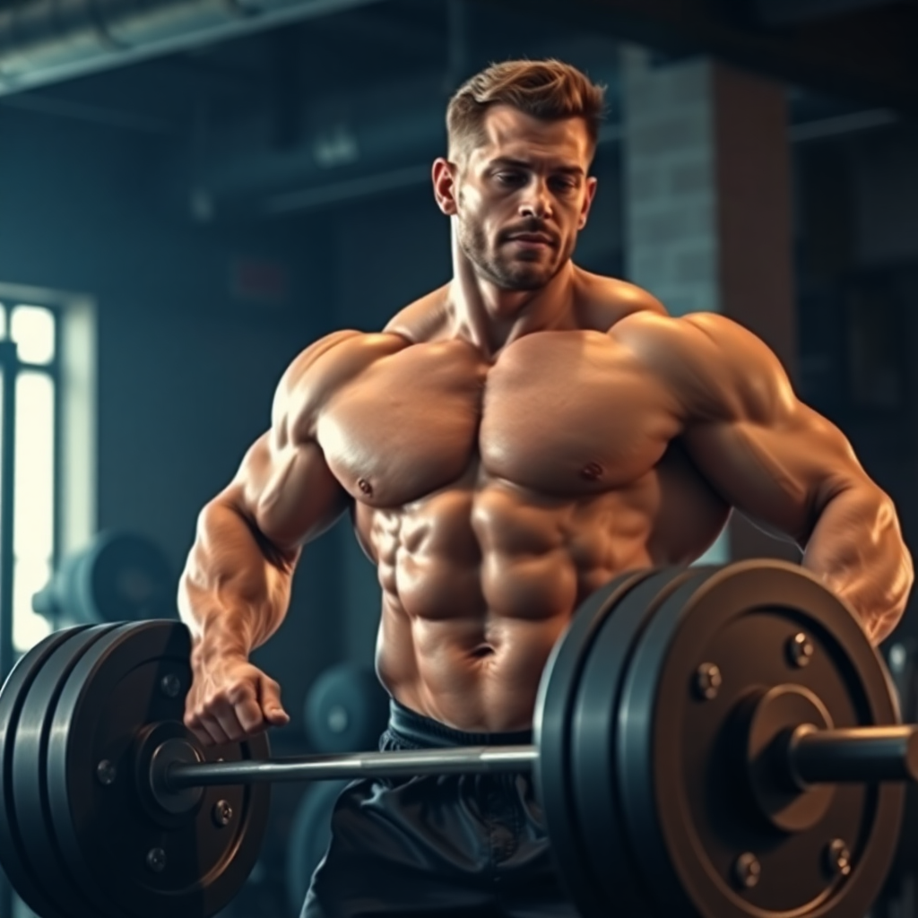 bodybuilder deadlifting in dark gym