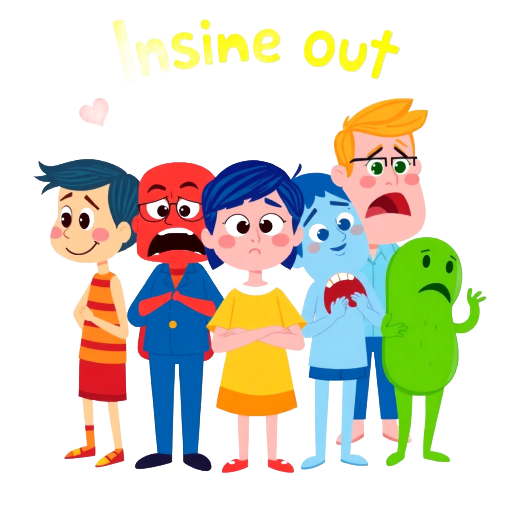Inside Out all five emotions Joy Sadness Anger Fear Disgust group happy colorful illustration