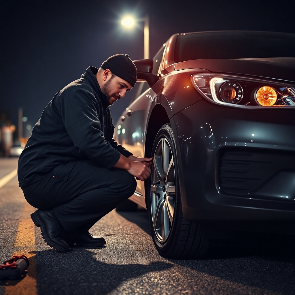 Commercial truck tire being changed on the roadside by a professional mechanic