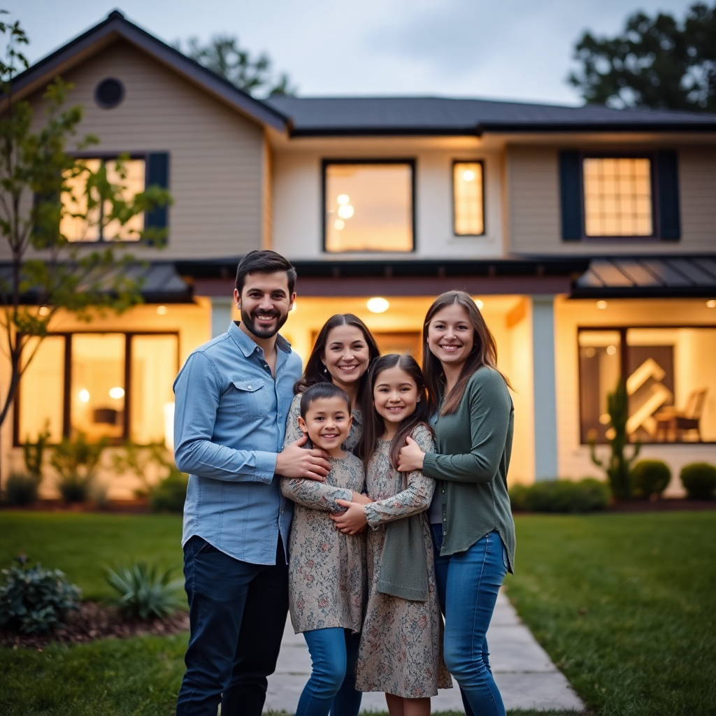 happy family standing in front of beautiful modern house, warm lighting, professional photography style