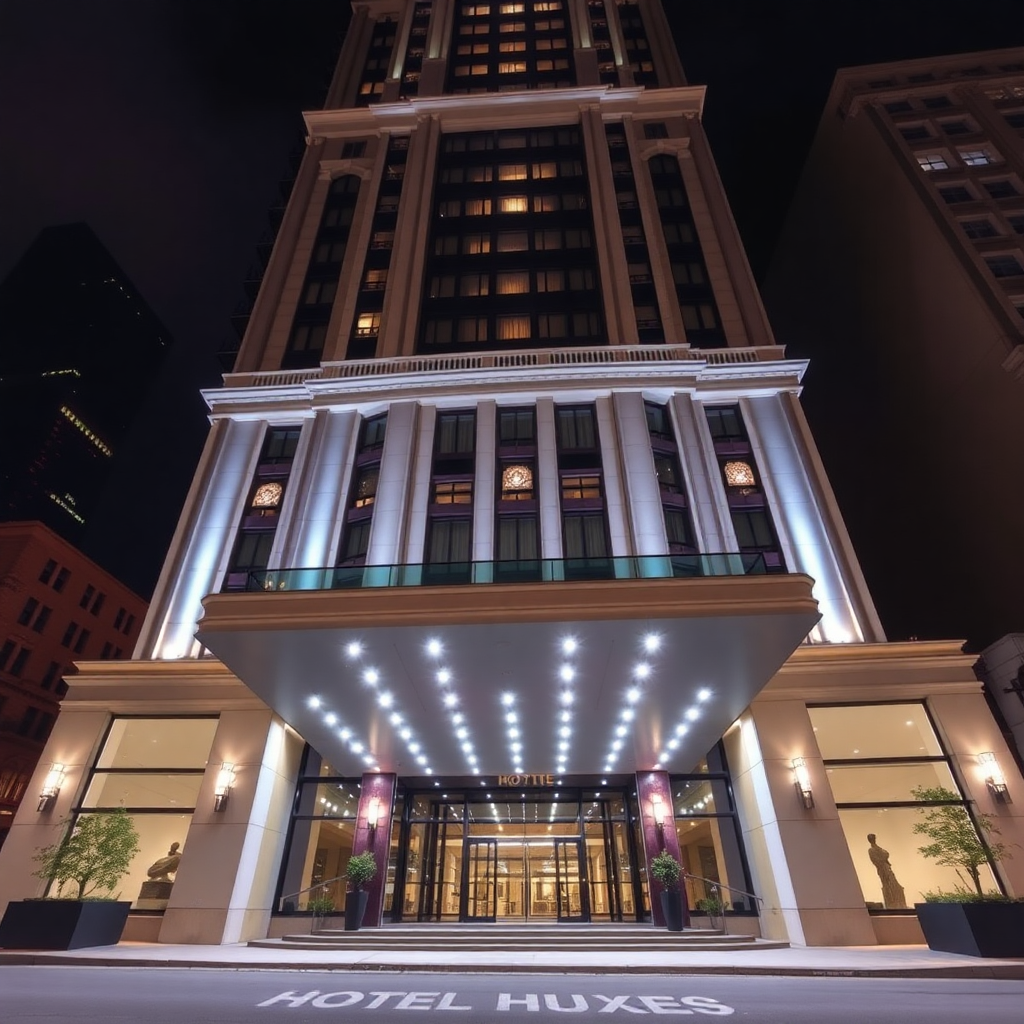 luxury hotel exterior at night