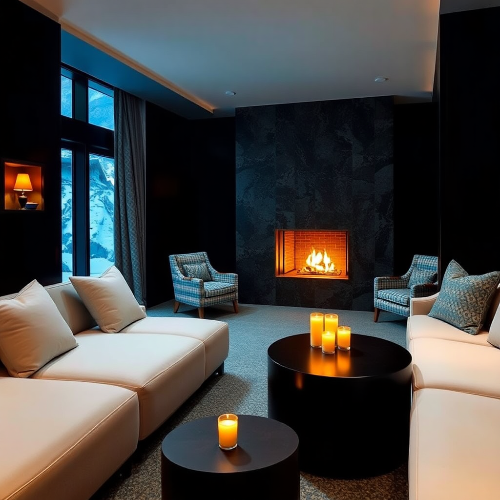 Grau Roig Boutique Hotel Spa interior luxury alpine boutique hotel warm intimate lounge fireplace Andorra editorial photography dark cinematic champagne gold tones private intimate mountain hotel atmosphere