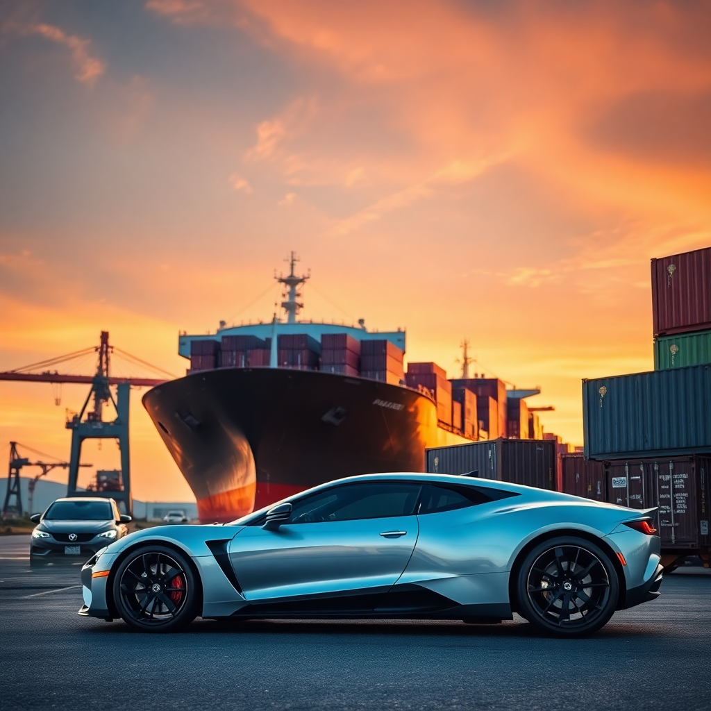 luxury car transport ship port container shipping premium vehicles at sunset, cinematic editorial automotive logistics photography