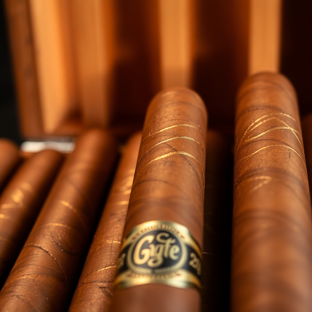 Close up of premium hand-rolled cigars in a luxury wooden humidor.