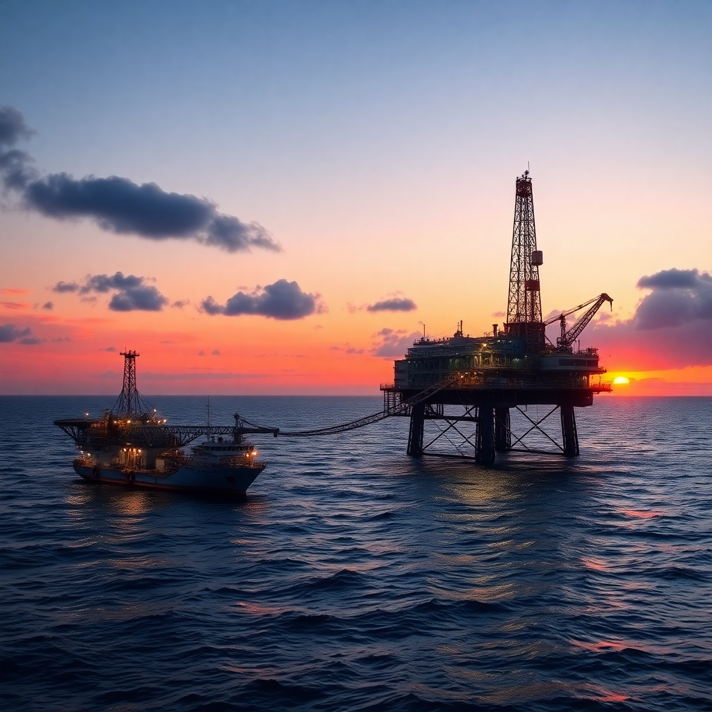 offshore oil rig at sunset