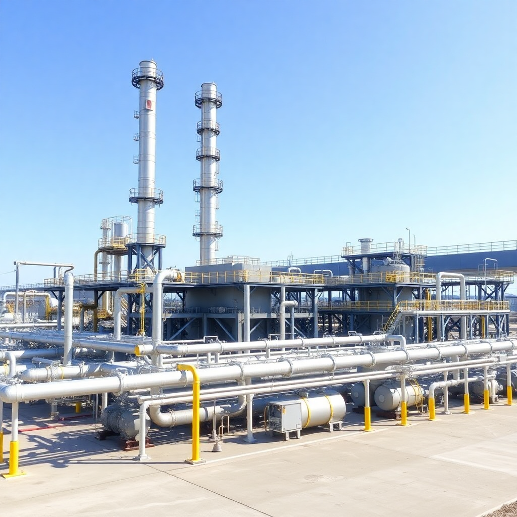 oil and gas refinery plant construction with pipelines and processing units