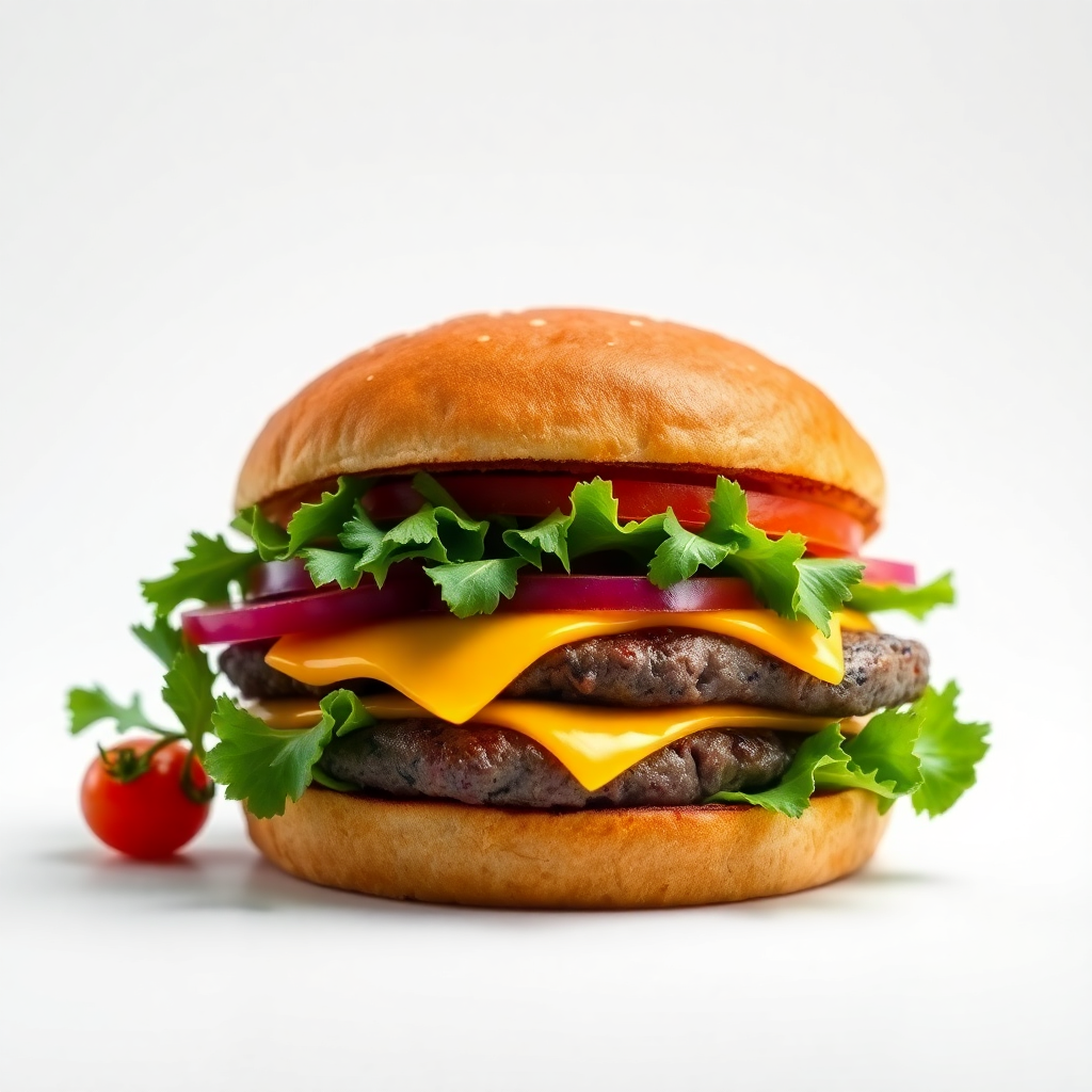 Premium beef burger with cheddar cheese and fresh vegetables, professional food photography, white background