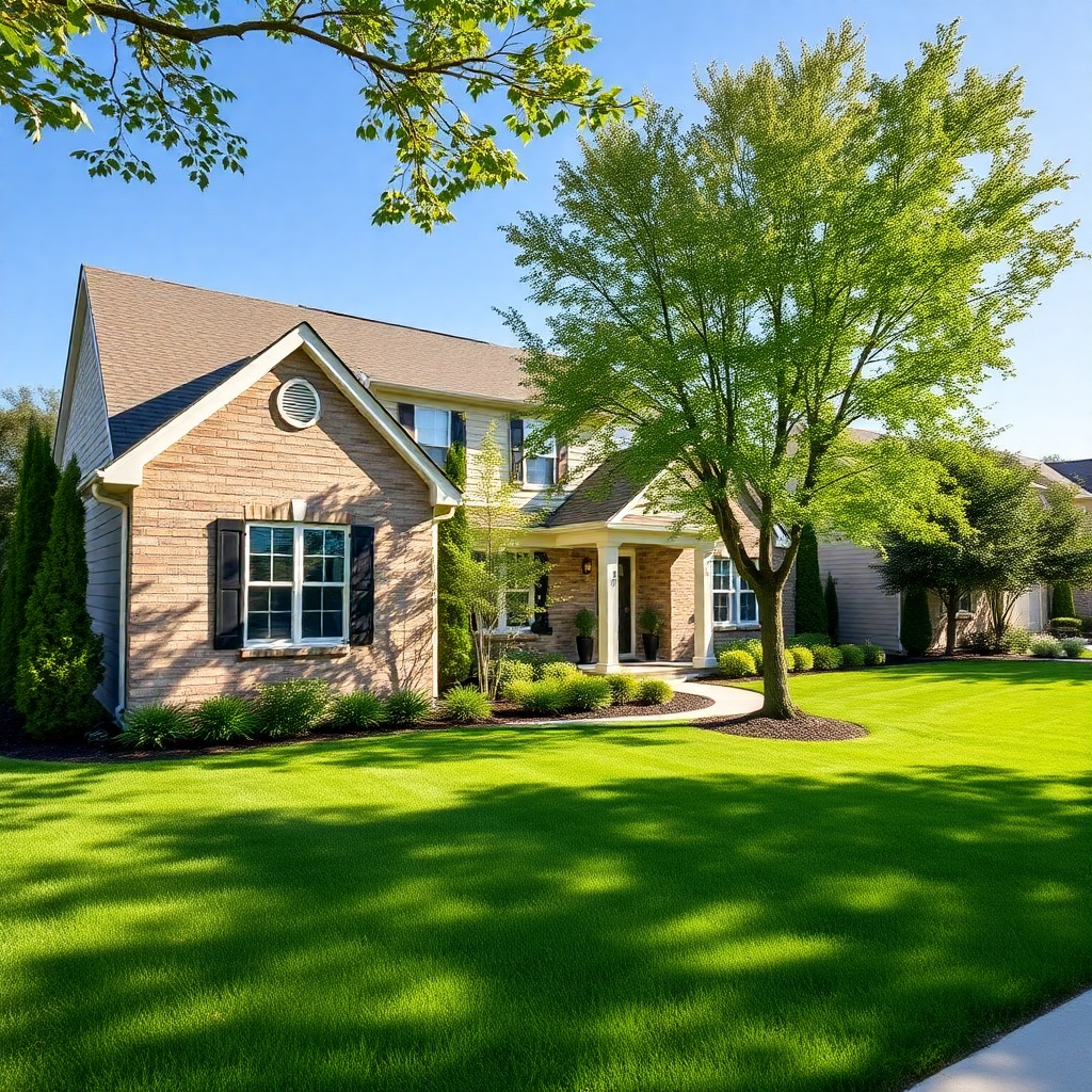 modern suburban home exterior with lush green lawn and trees, bright sunny day, professional photography style