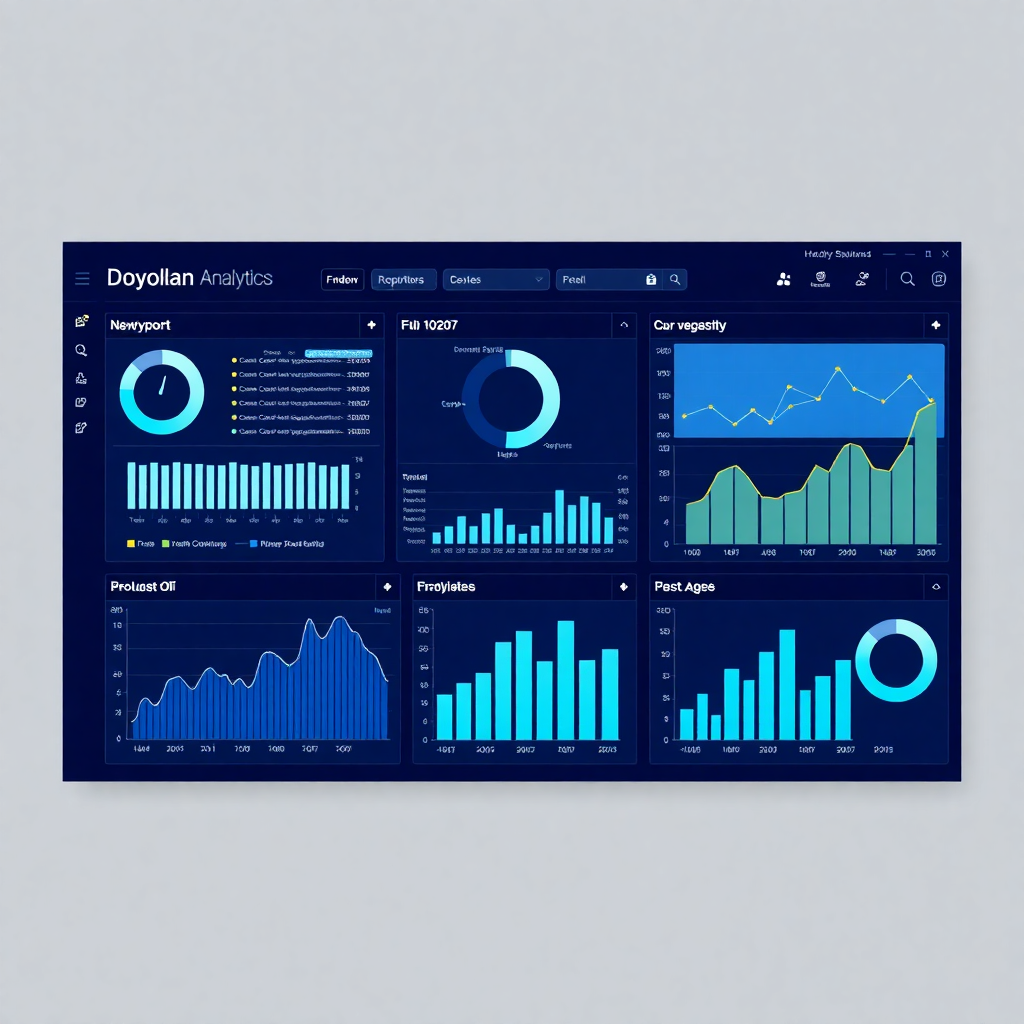 advanced analytics dashboard with charts and graphs, AI reporting interface, blue corporate design, executive summary reports