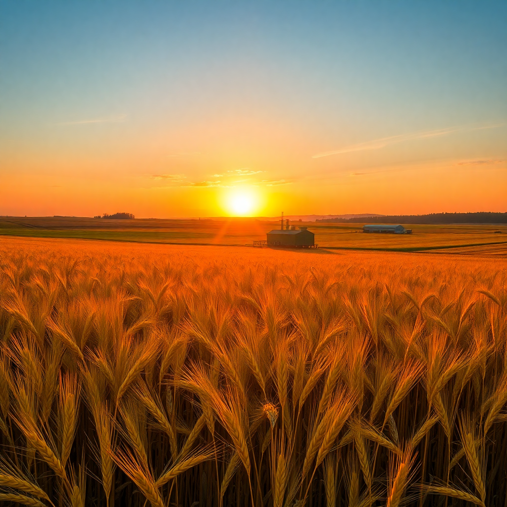wide shot of golden wheat fields at sunset with green agricultural processing units in distance