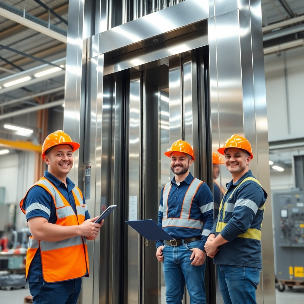 professional technician team installing modern elevator equipment, happy workers, clean industrial environment