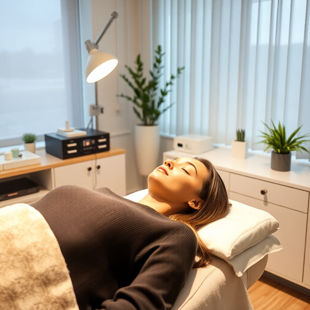 patient receiving acupuncture treatment while relaxing in modern clinical setting, medical wellness, clean Scandinavian aesthetic