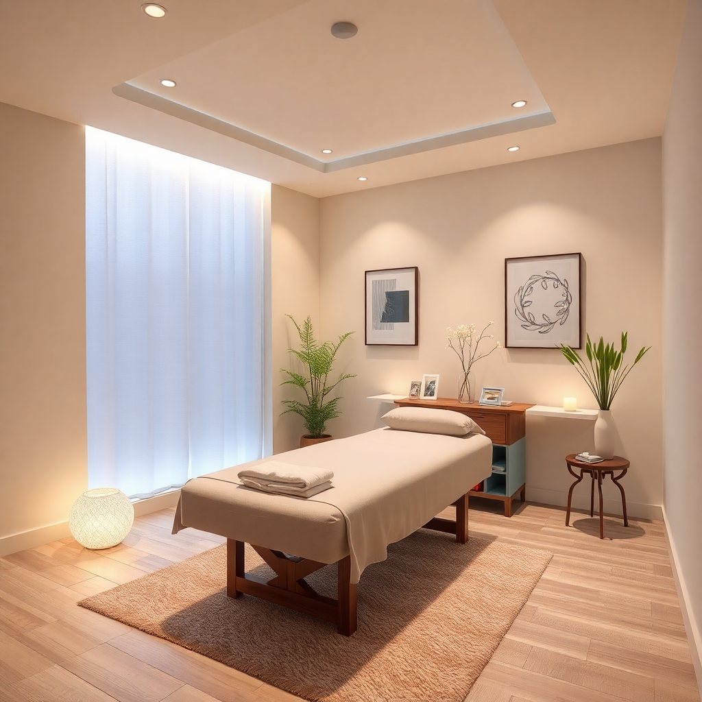 peaceful therapy room with soft lighting, wellness atmosphere, healthcare interior design