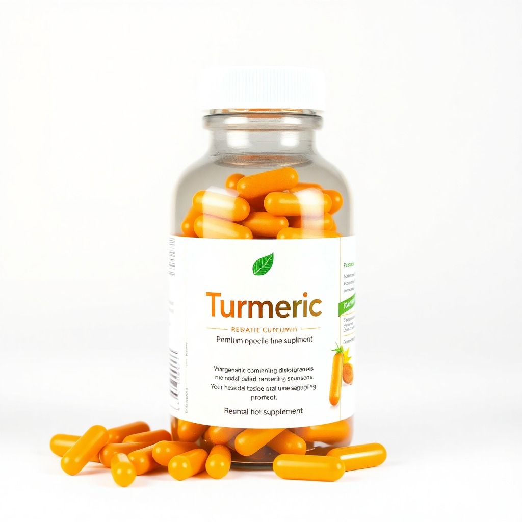 turmeric curcumin supplement bottle, golden yellow capsules, premium herbal product photography, white background, professional lighting