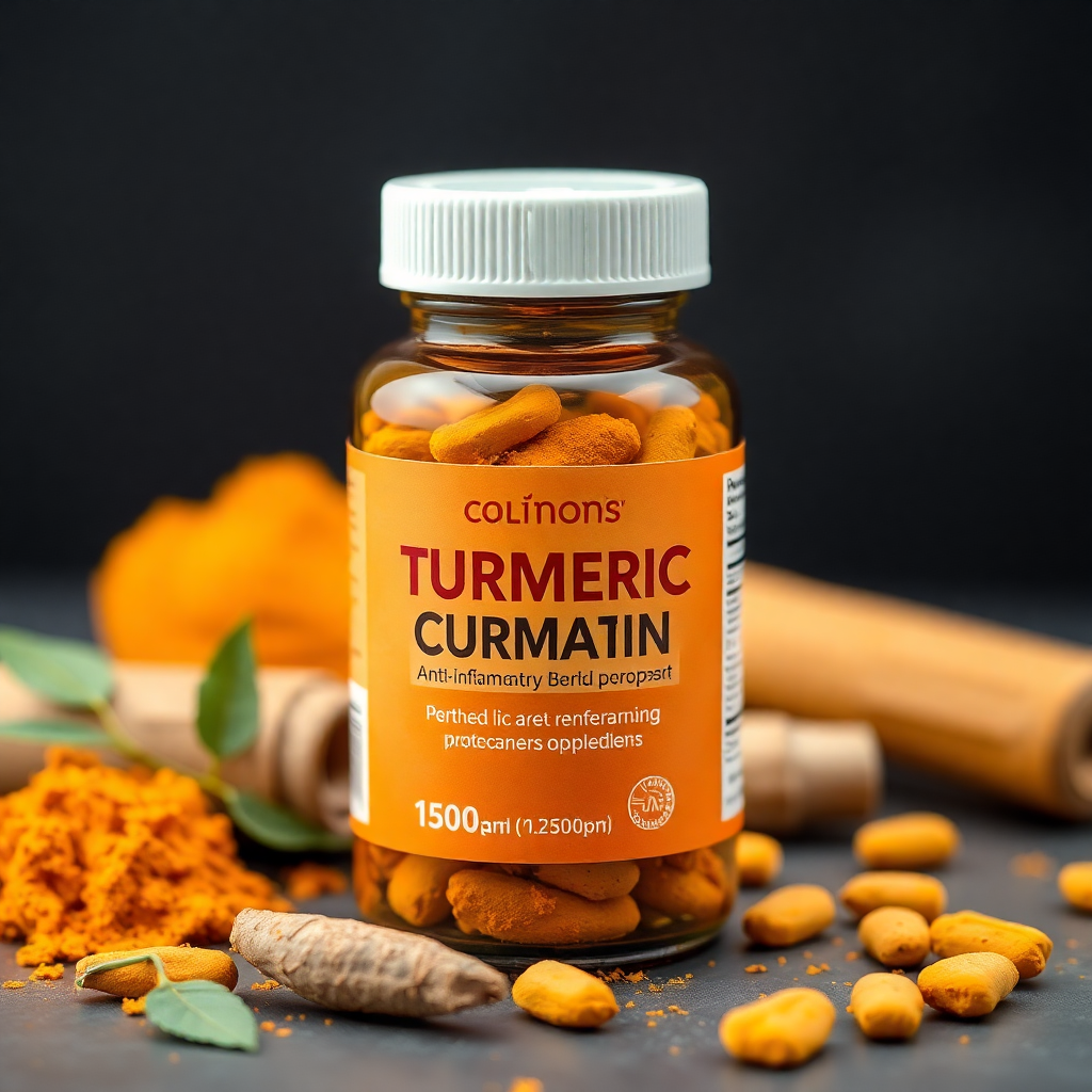 turmeric curcumin supplement bottle with golden color, anti-inflammatory herbal medicine, professional product photography
