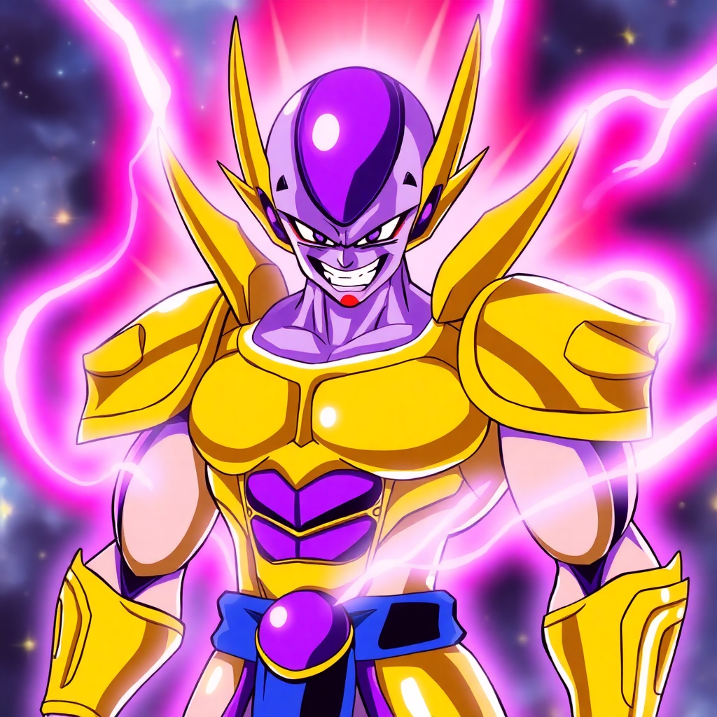Frieza Golden form with golden armor and purple aura, menacing smile, anime style