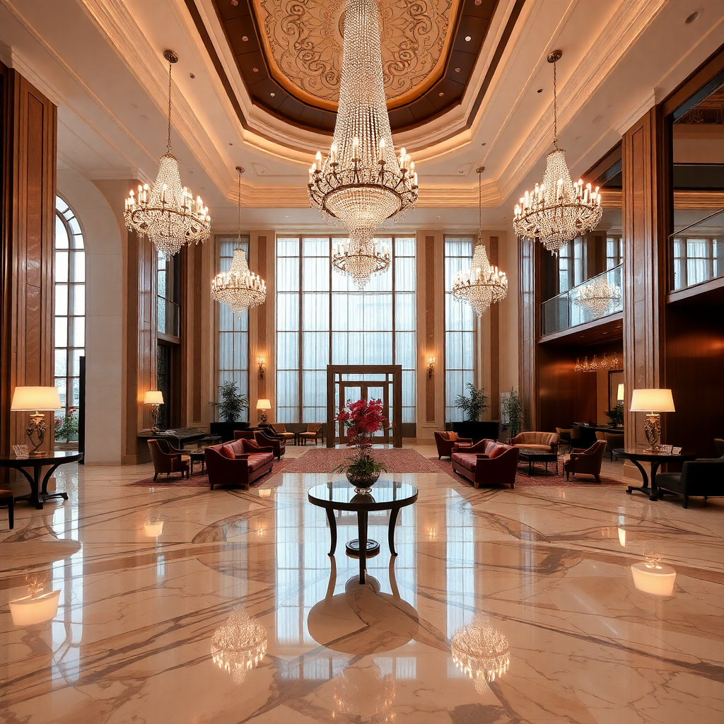 luxurious hotel lobby with marble floors, crystal chandeliers, elegant furniture, warm lighting, sophisticated interior design