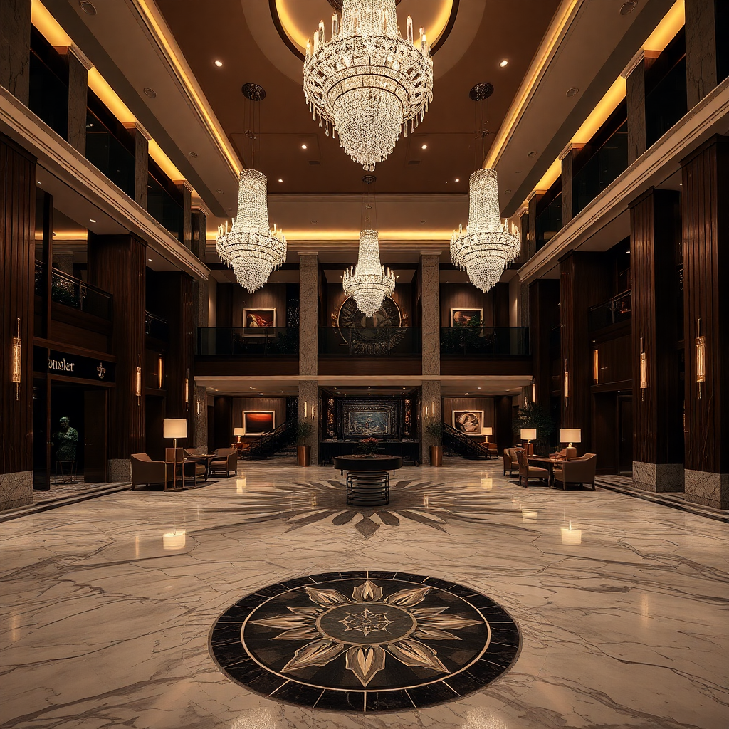 luxurious hotel lobby with marble floors, crystal chandeliers, elegant seating areas, warm ambient lighting, sophisticated interior design, dark cinematic mood