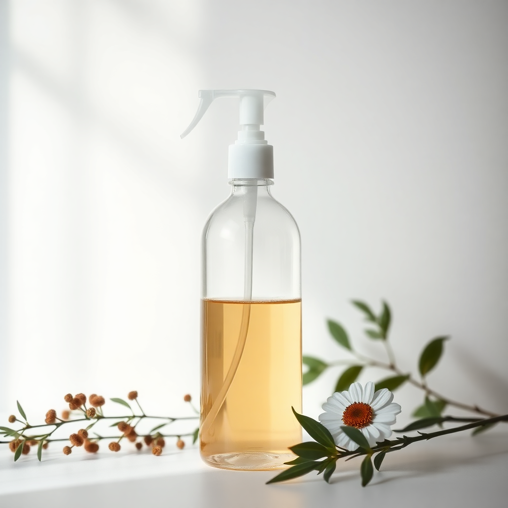 elegant cleaning spray bottle with natural botanical elements, minimalist product photography, soft lighting