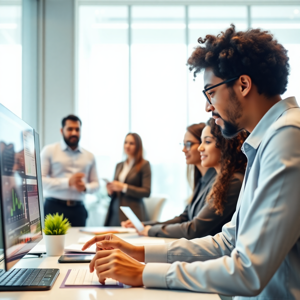 Professional diverse team in a modern office analyzing data, bright, clean, corporate photography