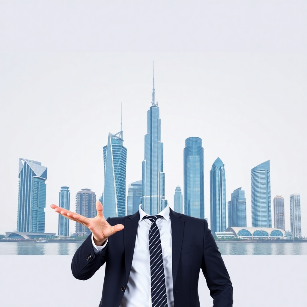 Professional businessman presenting Dubai skyline with modern office towers, corporate success concept