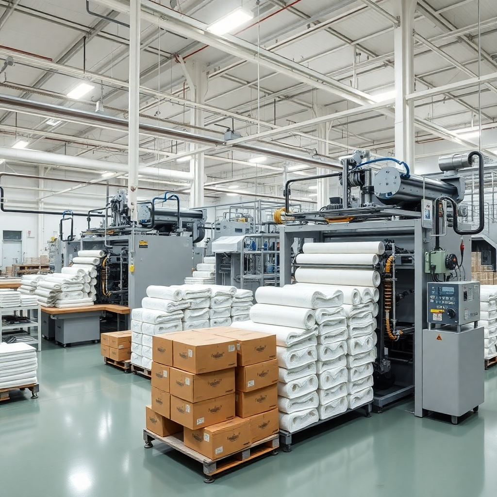 modern paper manufacturing facility with packaging production lines, industrial paper mill machinery, clean manufacturing environment
