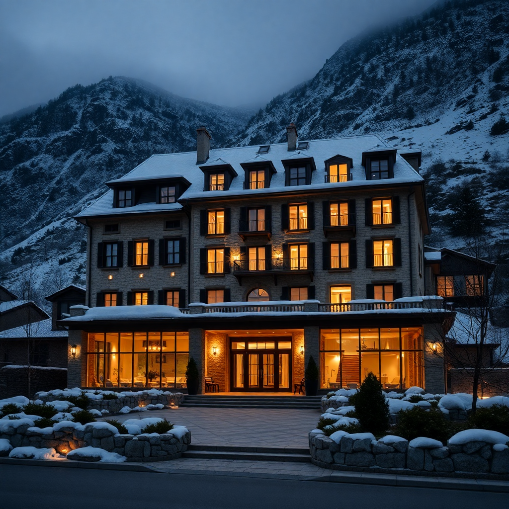 Hotel Roc Blanc Escaldes-Engordany Andorra luxury spa hotel exterior adjacent Caldea thermal district editorial photography dark cinematic champagne tones