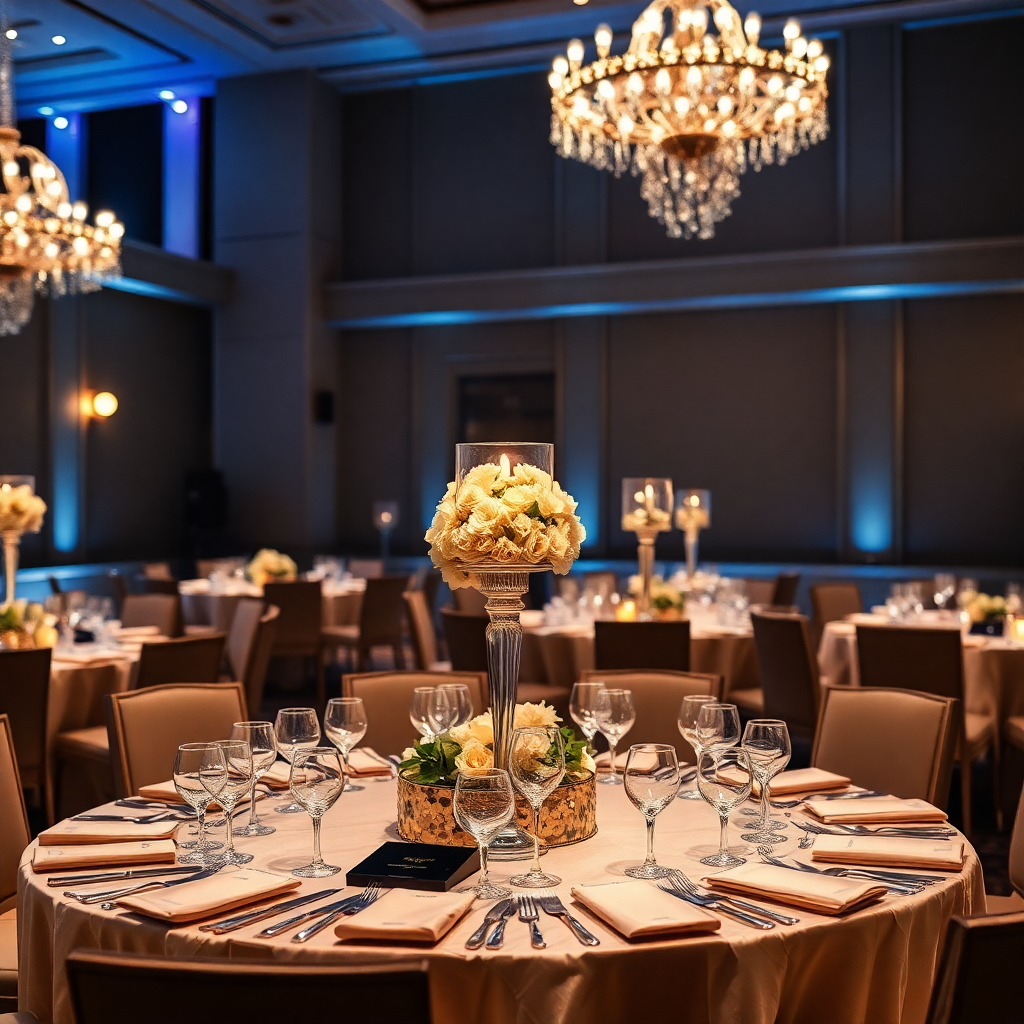 elegant corporate gala dinner event setup table decorations luxury