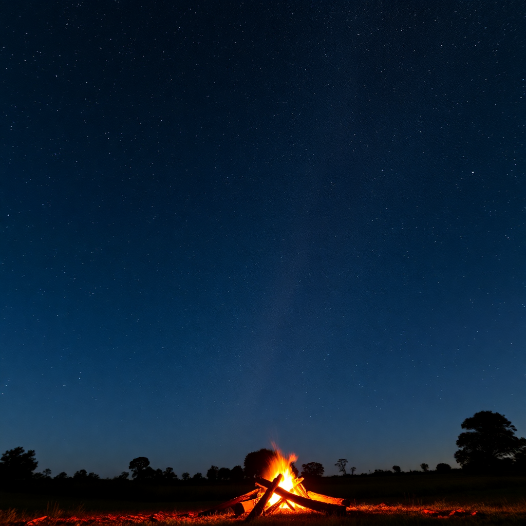 Stargazing experience in Paraguayan countryside, clear night sky full of stars, milky way, campfire in foreground, peaceful rural setting