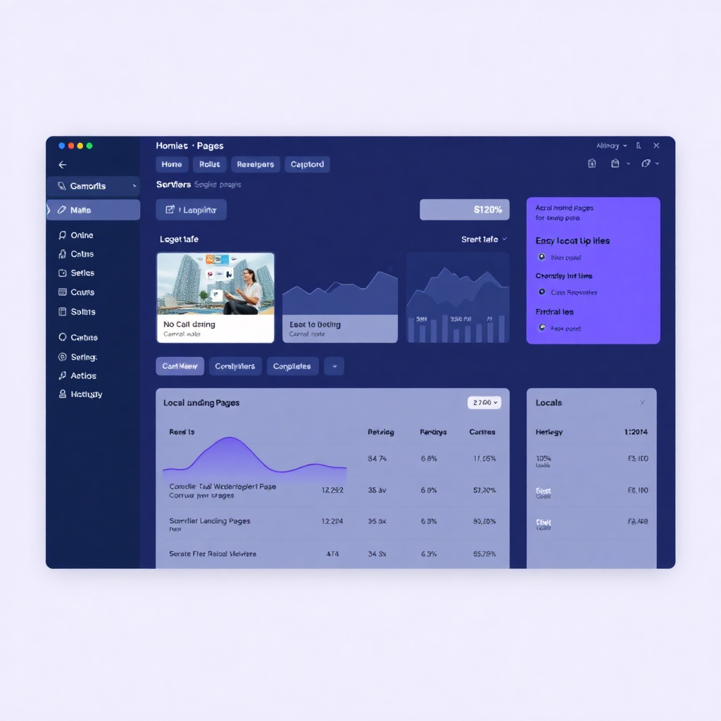 modern wordpress plugin dashboard interface showing local landing pages and SEO metrics with clean blue and purple gradient design