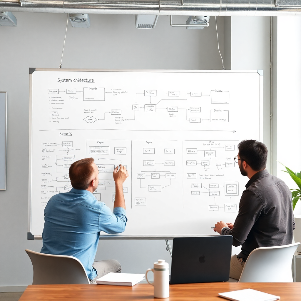 web development team working on system architecture diagrams, whiteboards with flowcharts and database schemas