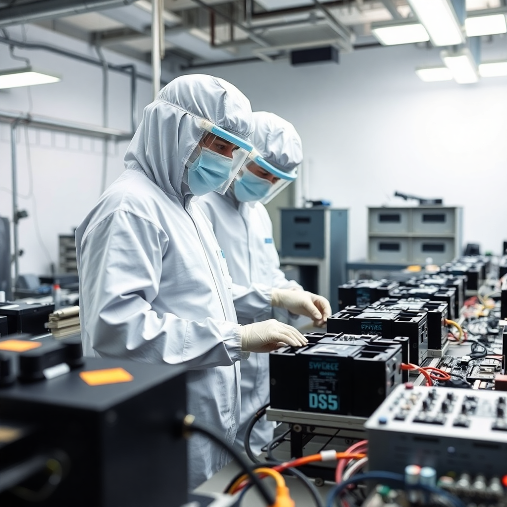 clean room environment for electronics assembly with workers in protective gear