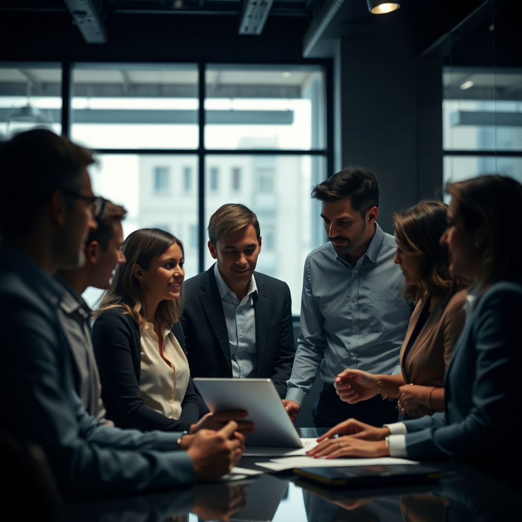 professional business team collaborating in a modern office environment, moody lighting, dark overlay style, cinematic shot