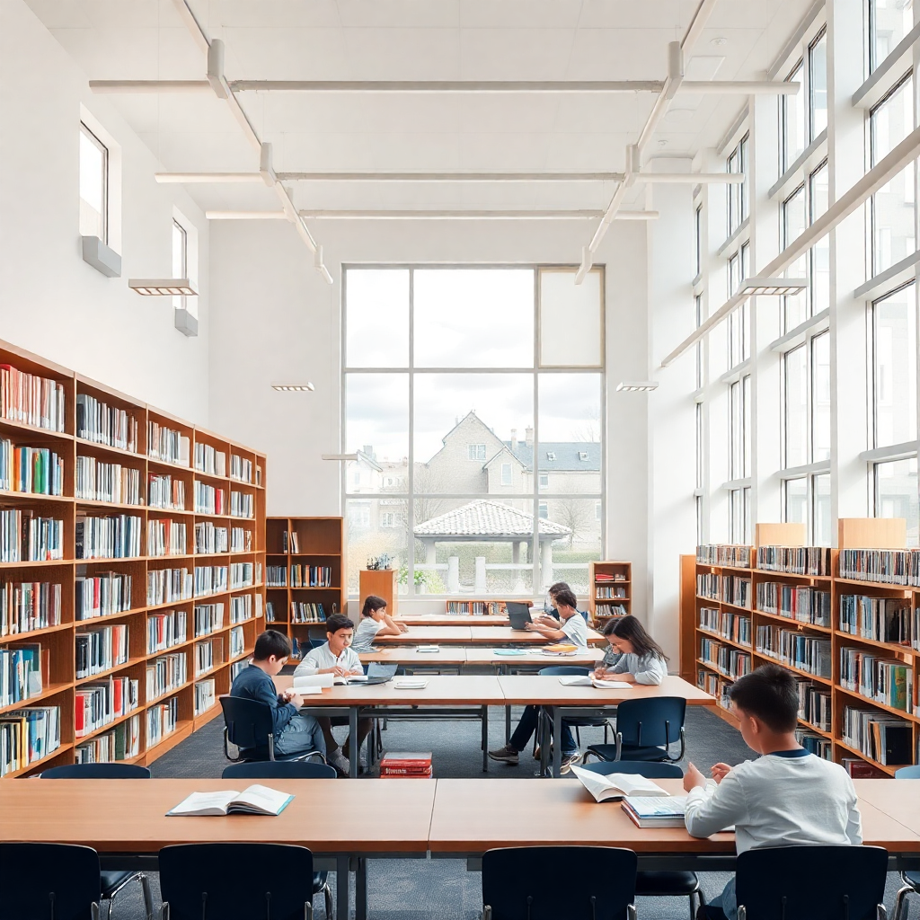 spacious school library with books and students reading