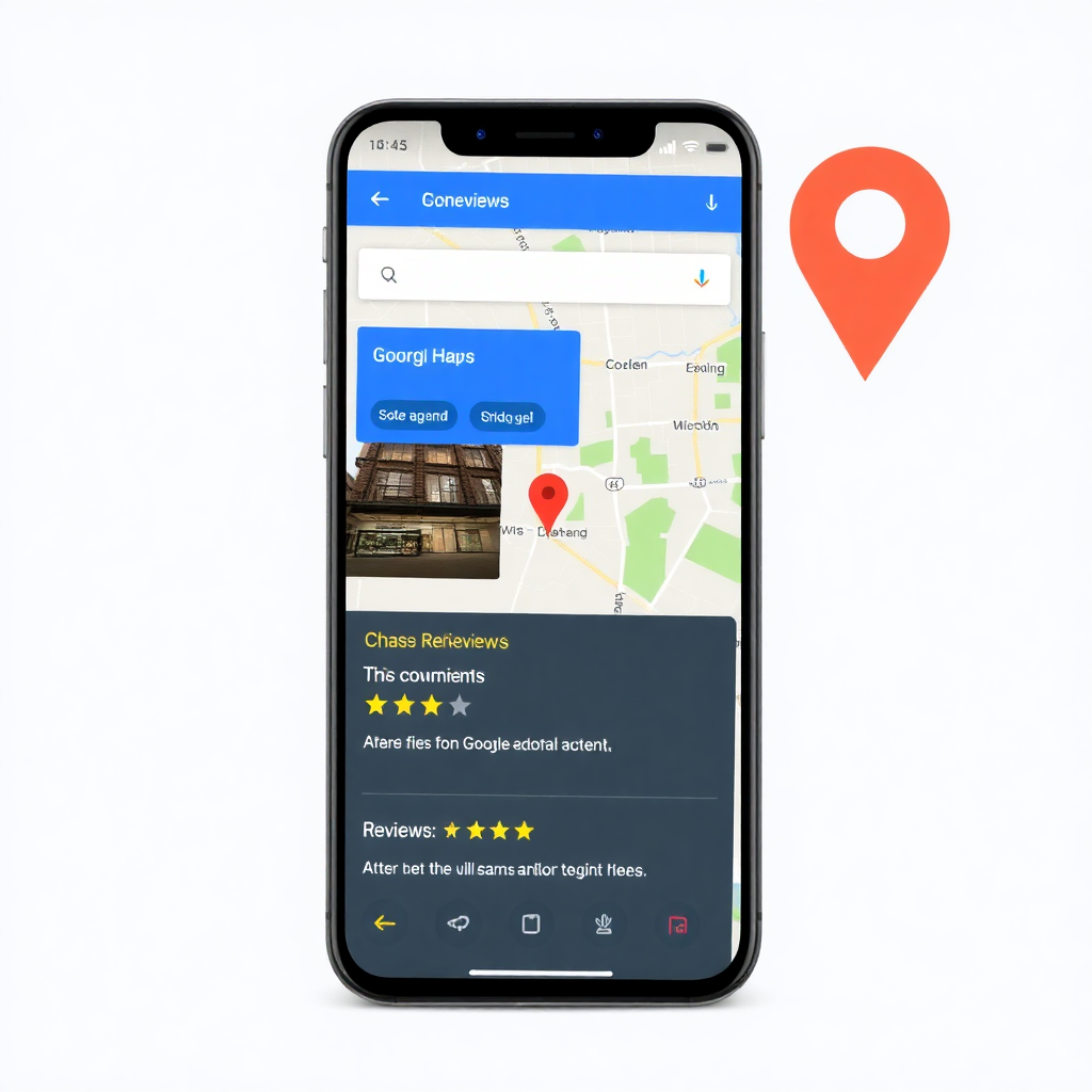 google maps interface showing business location and reviews, mobile app screenshot, clean UI