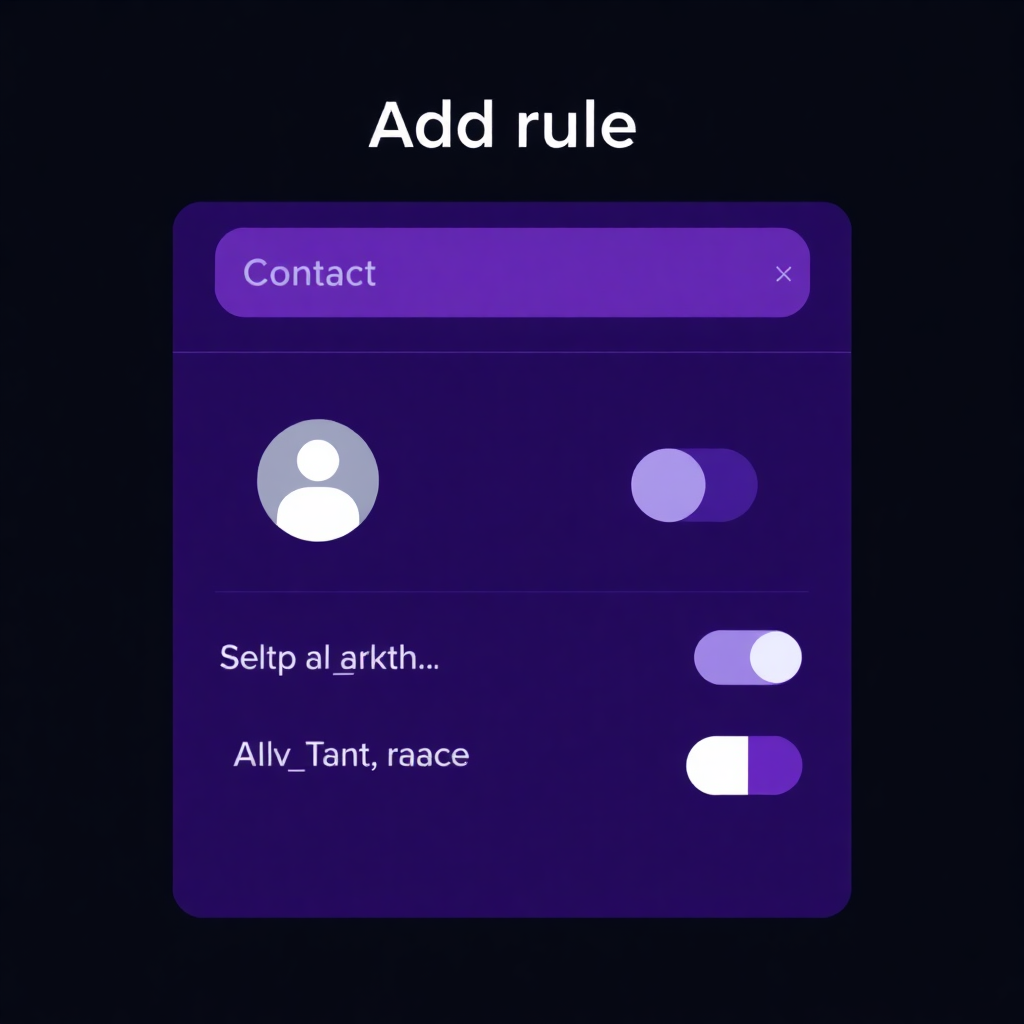 RingLy add rule interface showing contact selection and ring/silence options in dark purple theme
