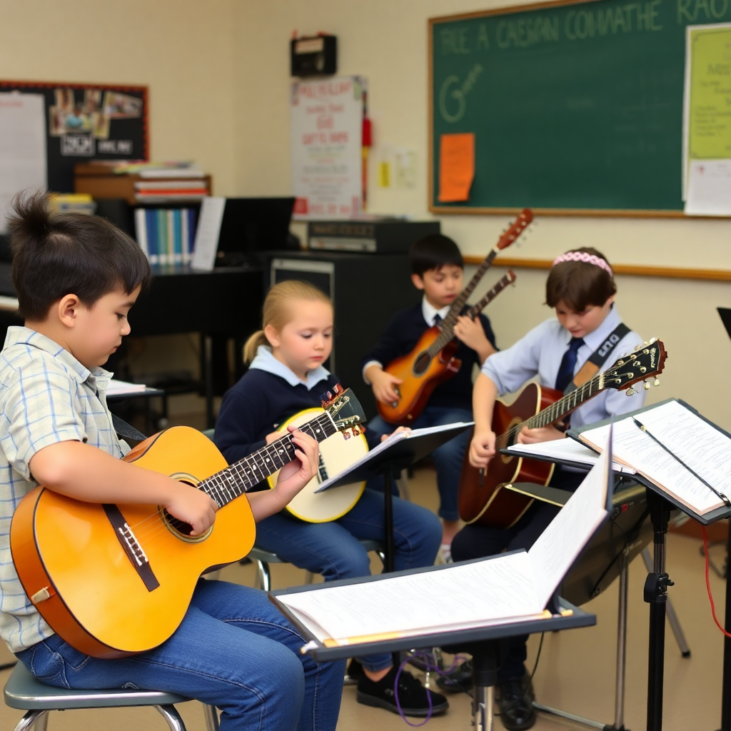 school music class with students playing instruments