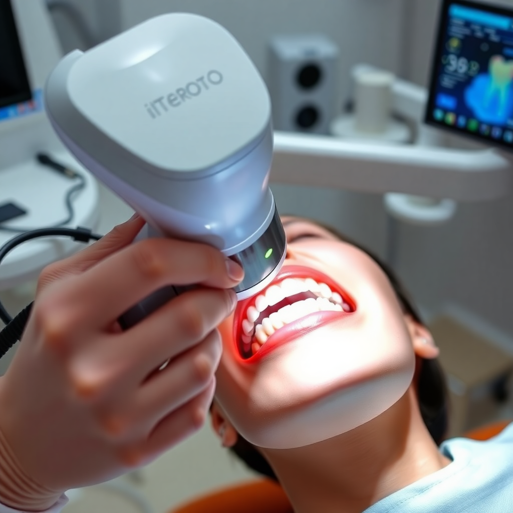 dentist using iTero 3D digital scanner on patient teeth, advanced dental technology, modern equipment, professional dental imaging
