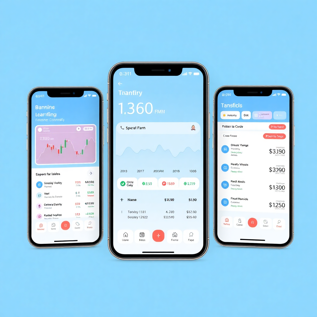 modern fintech mobile banking app interface on smartphone, clean design, financial charts and transactions