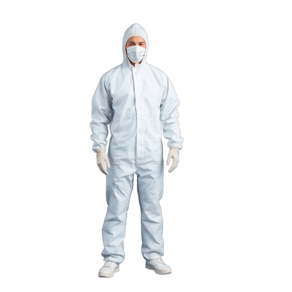medical disposable coverall protective suit white full body PPE suit, product photography clean background