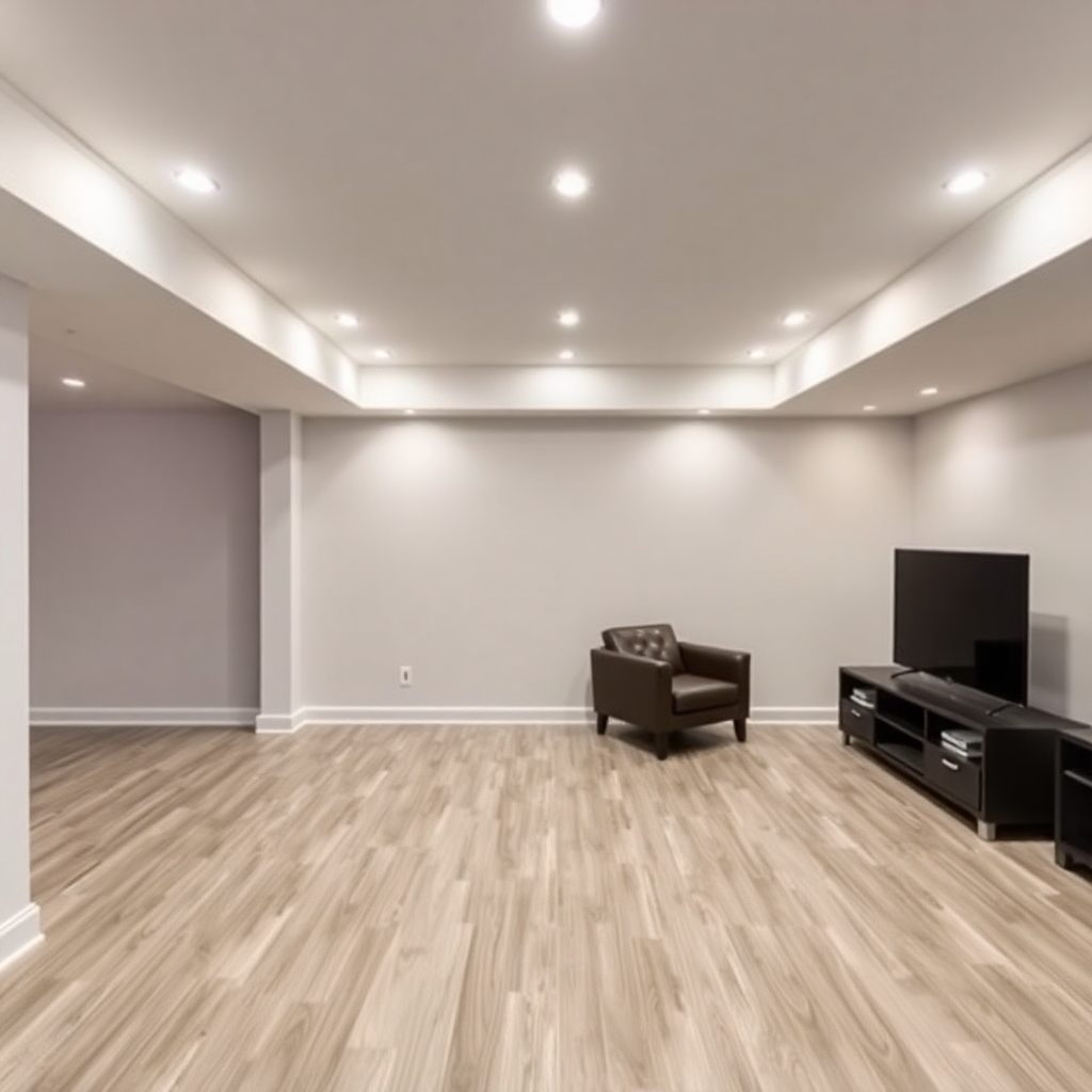 finished basement with luxury vinyl flooring, recessed lighting, and modern entertainment area