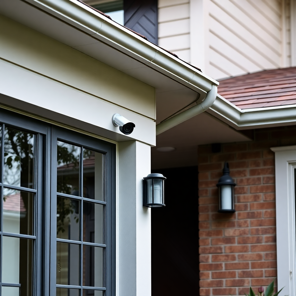 residential home exterior with security cameras mounted on walls and eaves