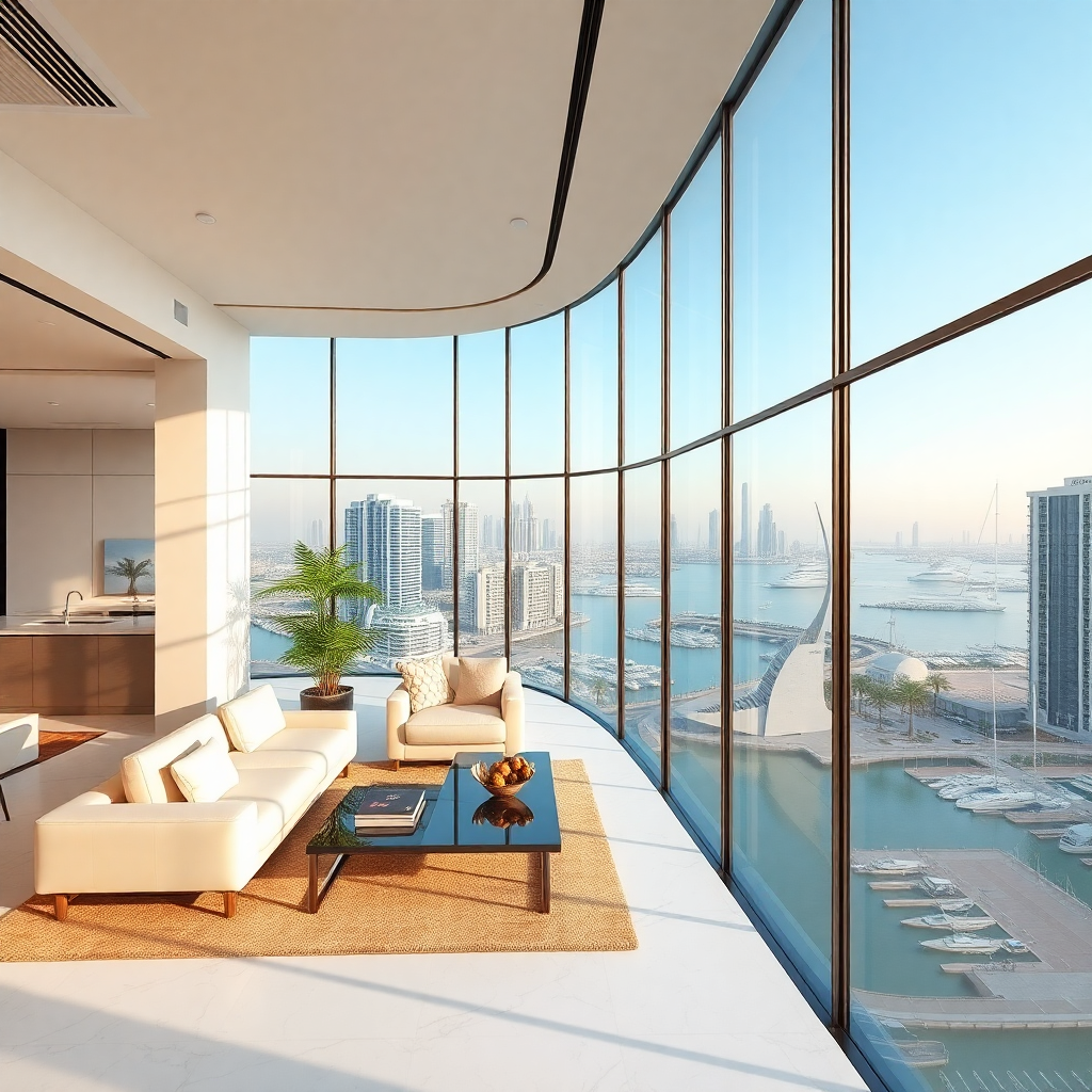 luxury modern dubai penthouse apartment with floor to ceiling windows overlooking marina