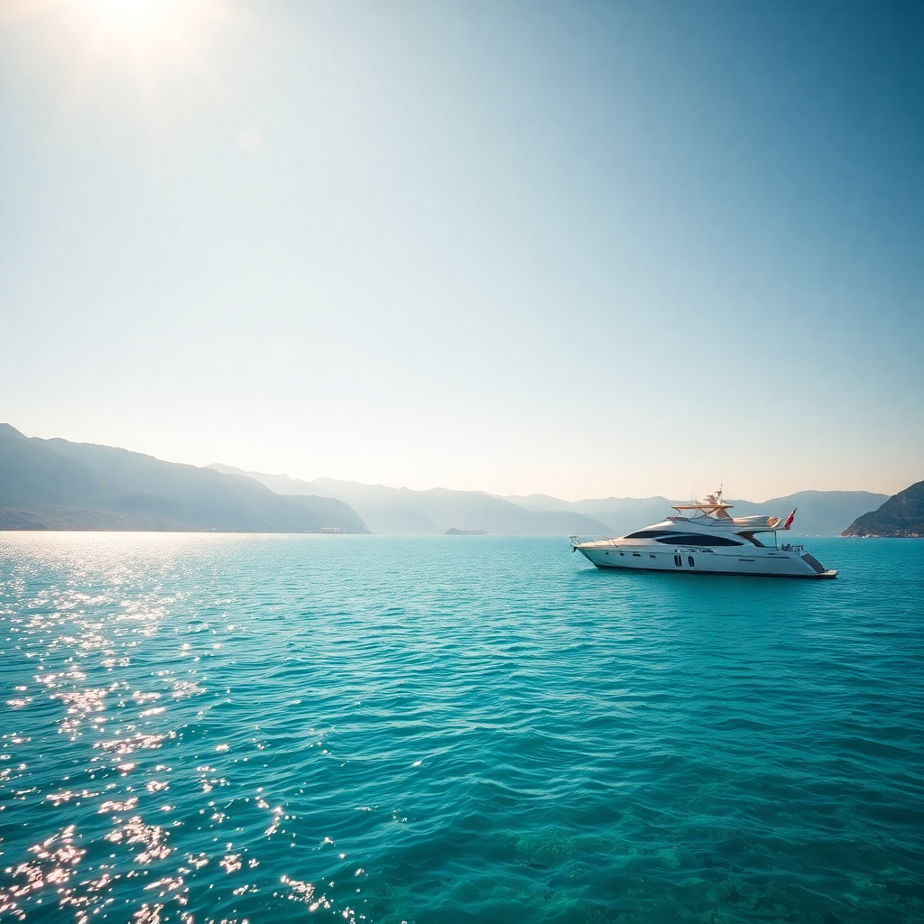 Pristine Bavarian lake in summer, crystal clear turquoise water, mountain backdrop, luxury yacht, golden sunshine, serene landscape photography