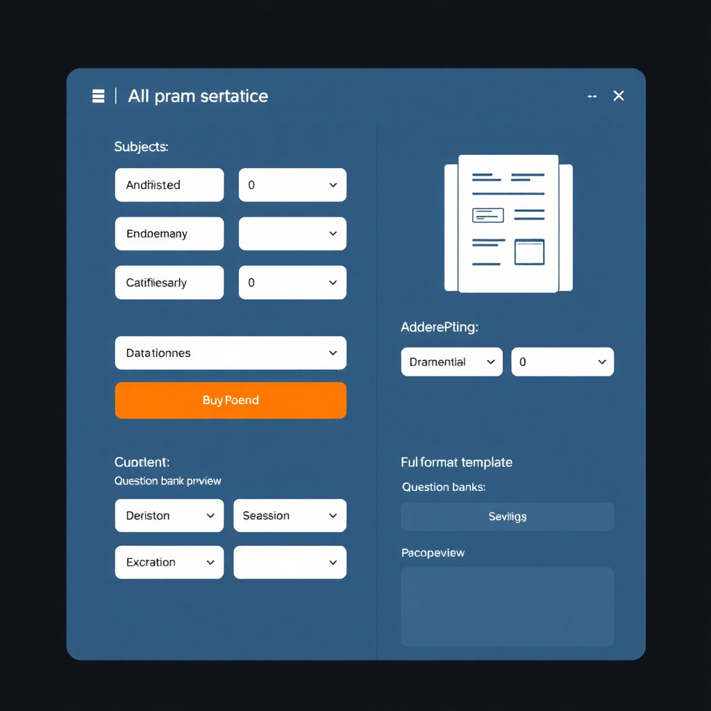 AI exam paper generation interface showing subject selection, difficulty settings, question bank preview, CBSE format template, modern educational software design