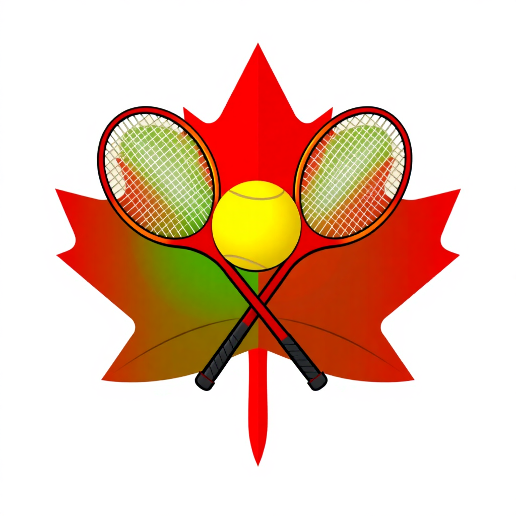 The Tennis Place logo, maple leaf background split green and red, two crossed tennis rackets, yellow tennis ball in center, vector logo white background