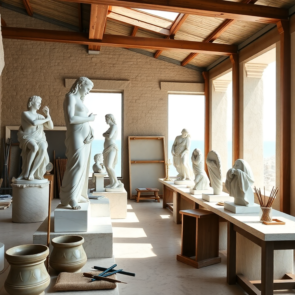 marble sculpture workshop with classical Greek sculptures, artistic tools, Mediterranean island setting with natural light