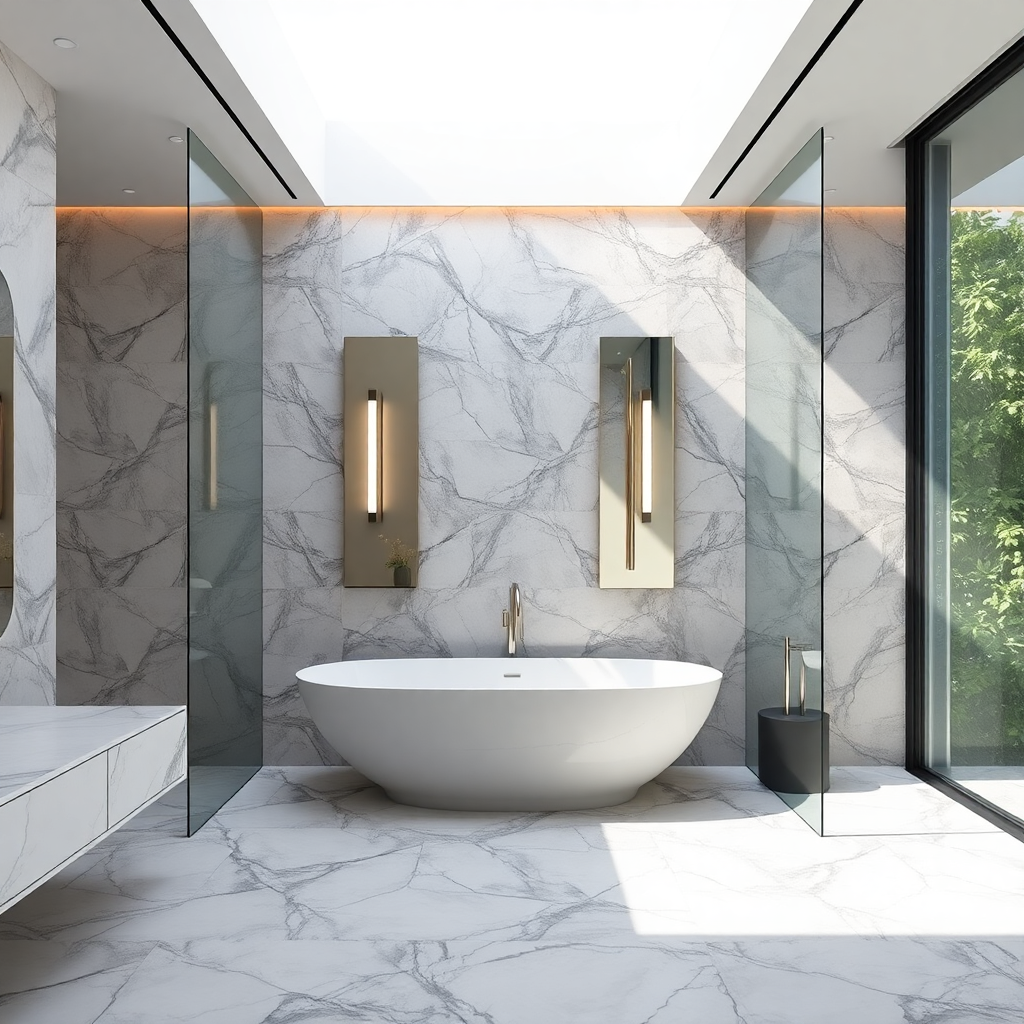 luxury bathroom interior with marble tiles, modern minimalist design, natural light