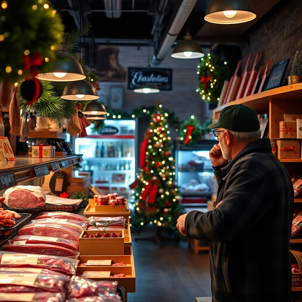 holiday Christmas shopping at a butcher shop, festive decorations, premium meat gifts, warm cozy lighting, rustic holiday photography
